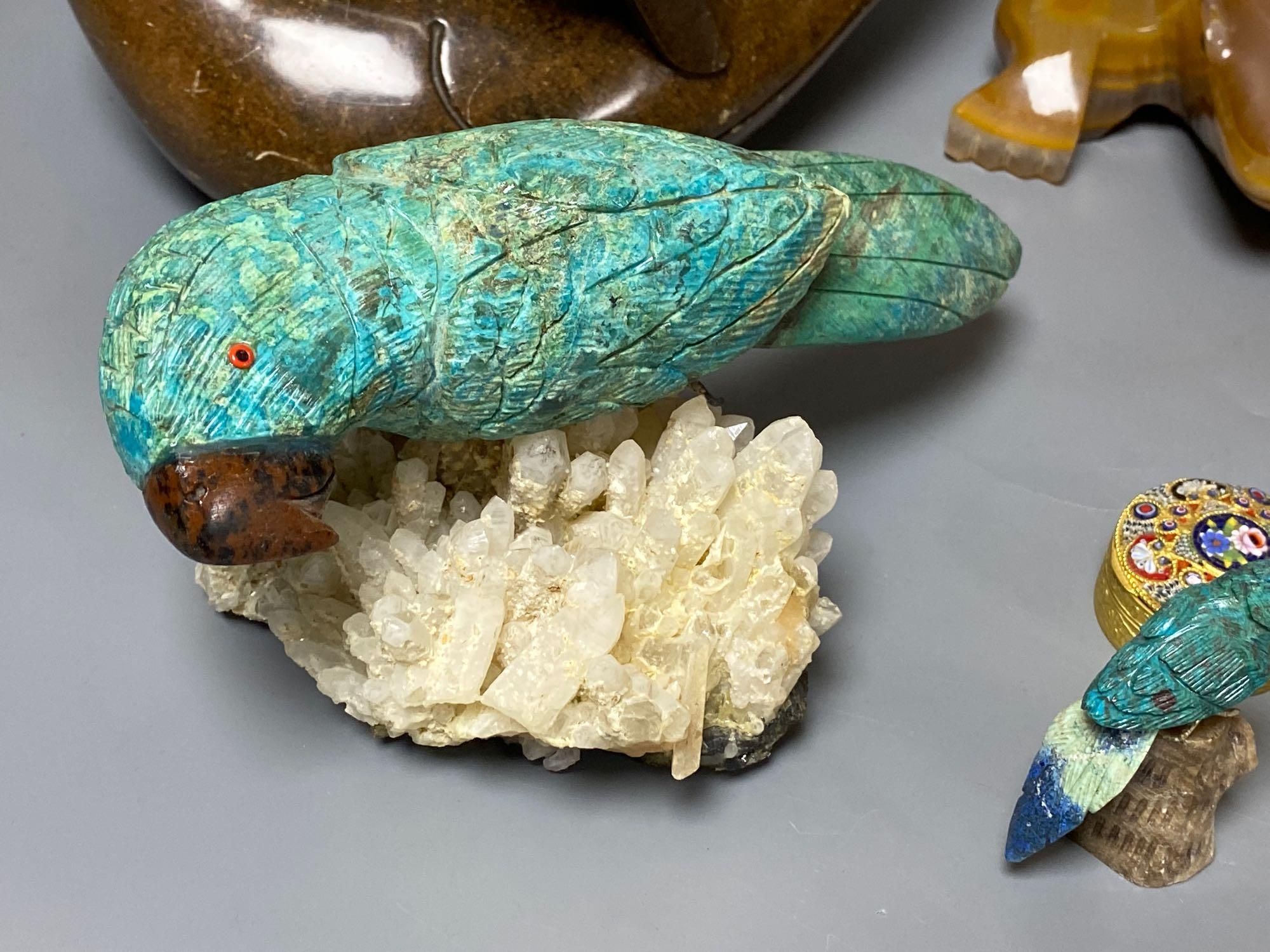 A Shona soapstone dish/duck containing eggs, a turquoise parrot on stand and various hardstone carvings and boxes